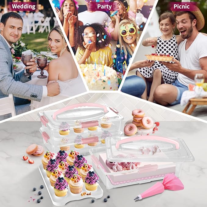ARC 3-tiers Cupcake Carrier (Pink) - Cupcake Holder and Cake Transport Container that Holds up to 36 Cupcakes or 3 Large Cakes - BPA-Free, Great for Parties & Festivals - Image 6