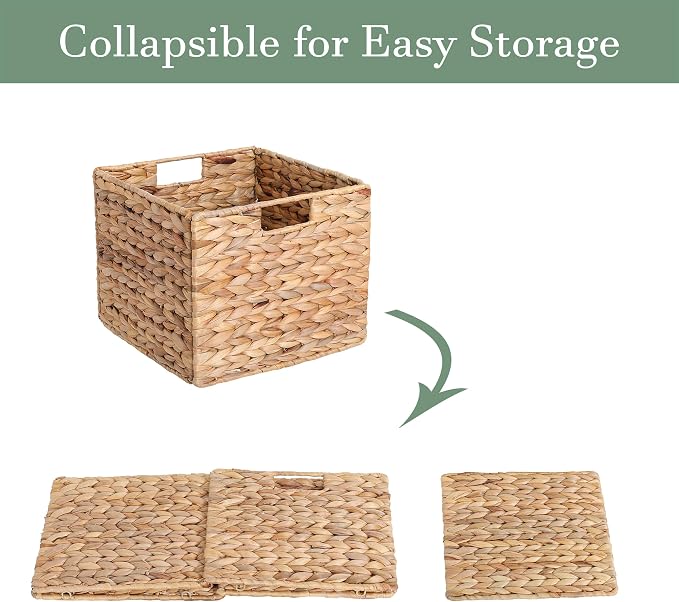 12x12x10 Water Hyacinth Storage Basket Large, Folding Cube Woven Wicker Storage Basket for Shelves, Pantry Baskets Organization and Storage, Large Rattan Basket Set of 4 - Image 7