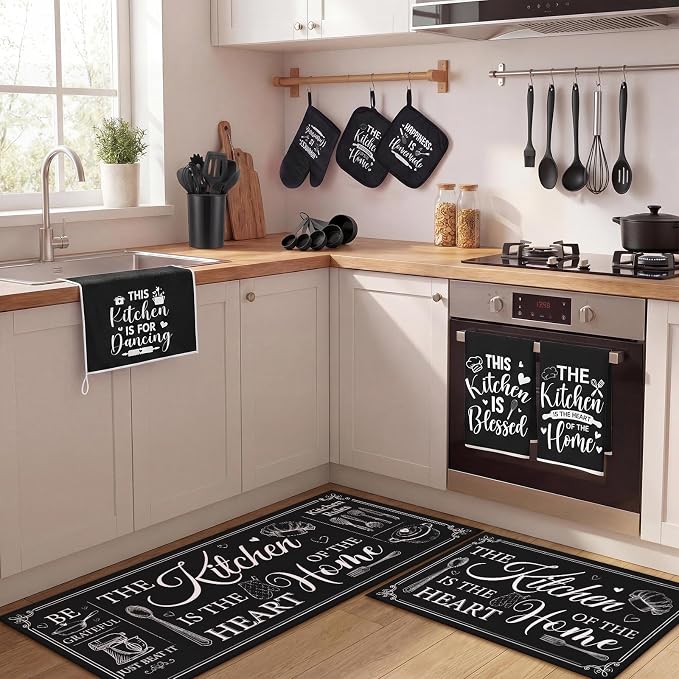 Fourluoo 30 Pcs Farmhouse Kitchen Decor and Utensils Set Rustic Kitchen Towels and Rugs Oven Mitts and Pot Holders Non Toxic Black Silicone Utensils Set Heat Resistant Dishwasher for Cooking - Image 7