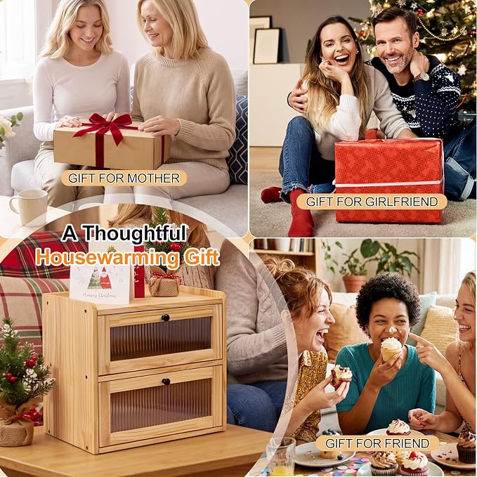 Alpeir Wooden Bread Box for Kitchen Countertop, Large Double Layer, Nature | Food-Safe Pine Wood, Double-Row Ventilation, Strong Acrylic Window, Raised Top Shelf, Easy Care, Farmhouse Corner Container - Image 8