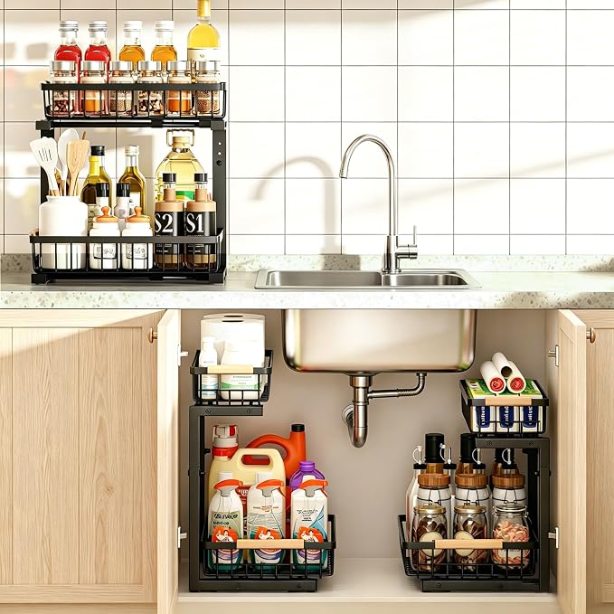 Under Sink Organizer, Adjustable 2 Tier Pull Out Kitchen Bathroom | cabinet organizer, 5 level adjustable, quiet sliding rails, dual suction and nano tape, no drill, rust resistant holds 50 lbs - Image 8