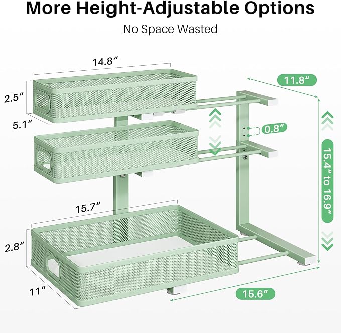 Kitstorack Under Sink Organizer, 2-Pack 3-Tier Height Adjustable Thickened Metal Pull out Cabinet Organizer Shelf, Slide out Storage Drawer Rack for Bathroom Kitchen Pantry Home Organization, Green - Image 9