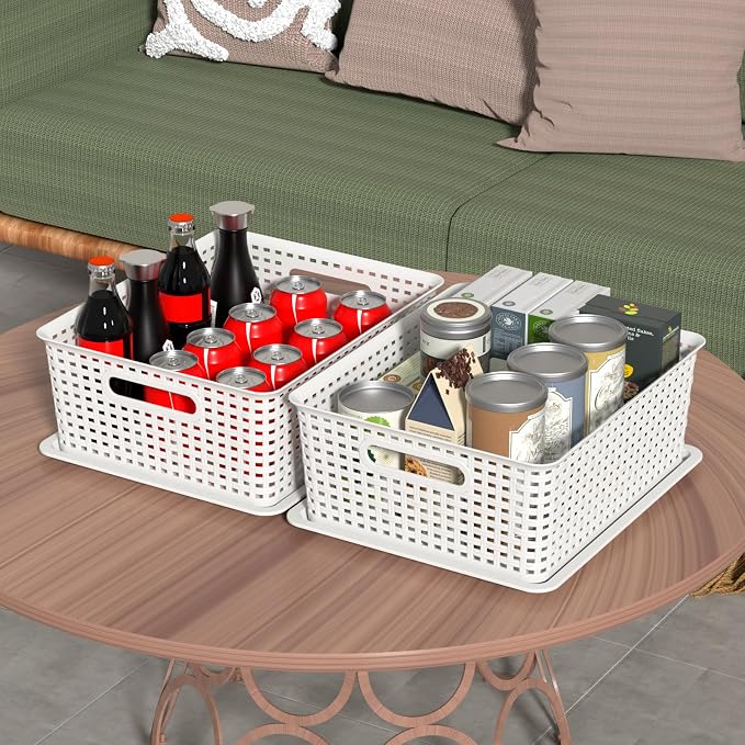 Hespama 6 Pack Plastic Weave Storage Basket, Stackable Lidded Organizer Bin | White - Image 7
