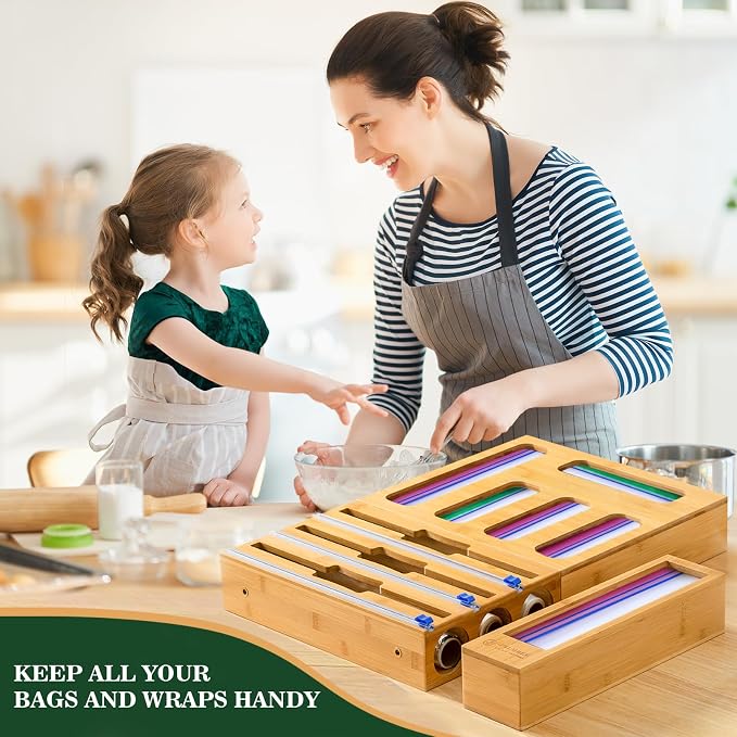 Calmbee 9 in 1 Bamboo Storage Bag Organizer for Kitchen Drawer – Plastic Wrap Dispenser with Cutter & Foil Organizer, Wooden Baggie Organizer for Sandwich, Snack, Gallon, Quart Sizes, Natural - Image 7
