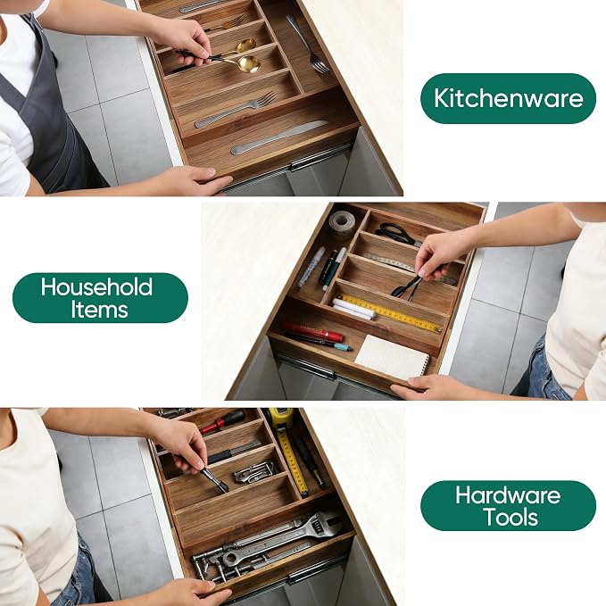 Acacia Wood Silverware Organizer, 7-Compartment Expandable Drawer Tray | Expands from 13.11 to 21.65 in wide, 16.93 in deep, with 7 compartments, acacia wood construction, and anti-slip pads - Image 7