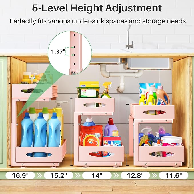 Under Sink Organizer, 2 Tier Pull out Cabinet Organizer Baskets with Mesh Sliding Drawers, Slide out Storage Shelf for Home, Kitchen, Bathroom, Pantry, Office Cabinet(1 Pack, Pink) - Image 3