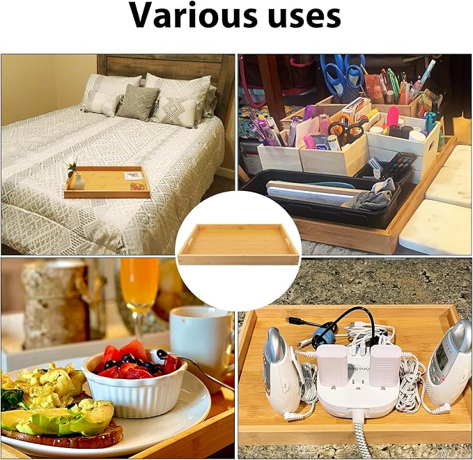 4 Pack 18 x 13 Inch Bamboo Serving Trays with Handle, 18 x 13 x 1.4inch Rectangular Bamboo Bed Trays, Large Lap Trays for Eating on Couch, Perfect for Breakfast, Tea, Bar, Dinner, and Parties - Image 7