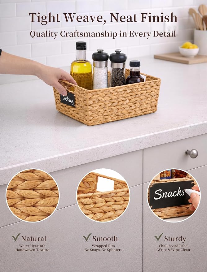 Pantry Baskets, 3 Pack Wicker Storage Baskets for Shelves, Natural | Water Hyacinth Baskets for Organizing, 3-Size Pantry Bins with Chalkboard and Marker for Shelf, Snack, Kitchen, Bathroom - Image 6