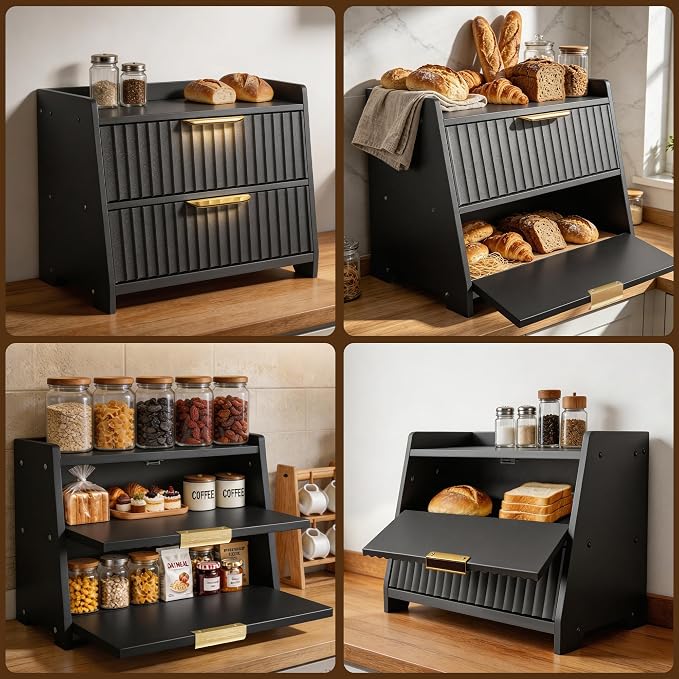 Large Bread Box for Kitchen Counter, Double Layer Wooden Bread Storage Container with Top Shelf, Countertop Organizer Cabinet for Bread, Bagels, Pastries, Coffee Station and Kitchen Essentials (Black) - Image 7