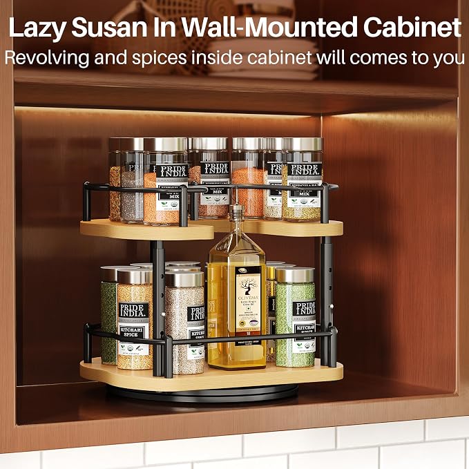 SNTD Lazy Susan Organizer Spice Rack - Spice Organization for Cabinet Height Adjustable Rotating Lazy Turntable, Pantry Kitchen Wood Revolving Seasoning Organizer (Natural, 9 Inch) - Image 8
