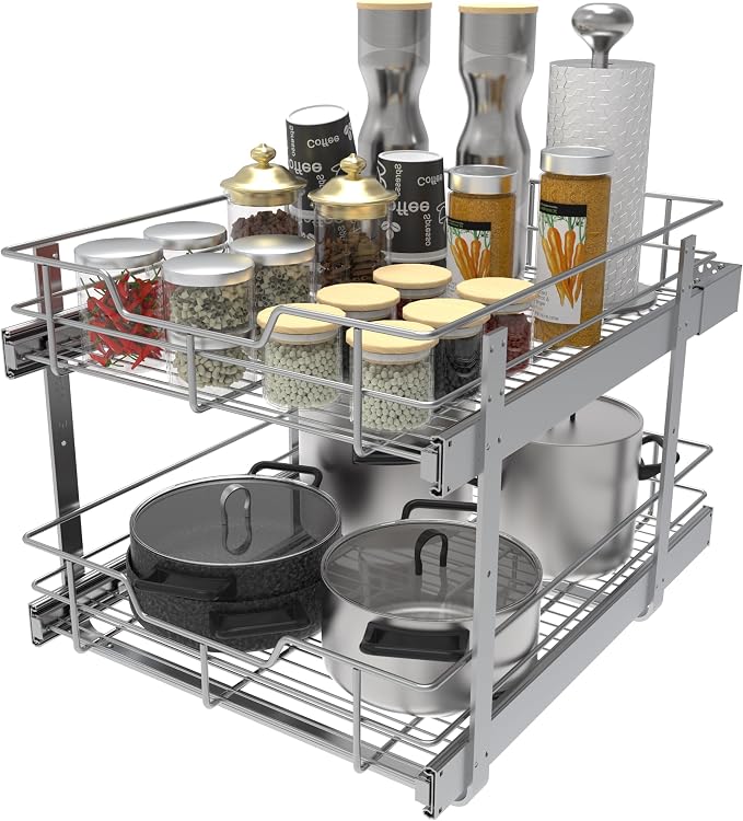 2 Tier Pull Out Cabinet Organizer 18" W X 22" D, Chromed, Full Slide Out | For Kitchen Organizers and Storage, Pull Out Drawers For Cabinets Capacity Heavy Duty Caddy, Cabinet Shelves, Bathroom Pantry - Image 9