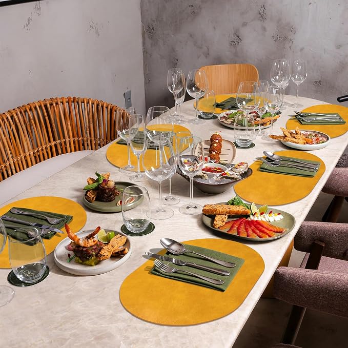 ADRIMER Placemats, Heat Resistant Oval Placemats Set of 6 Washable 12 x 17 Inch, Waterproof Table Mats, Wipeable Pu Place Mats for Kitchen, Dining Room, Yellow - Image 7