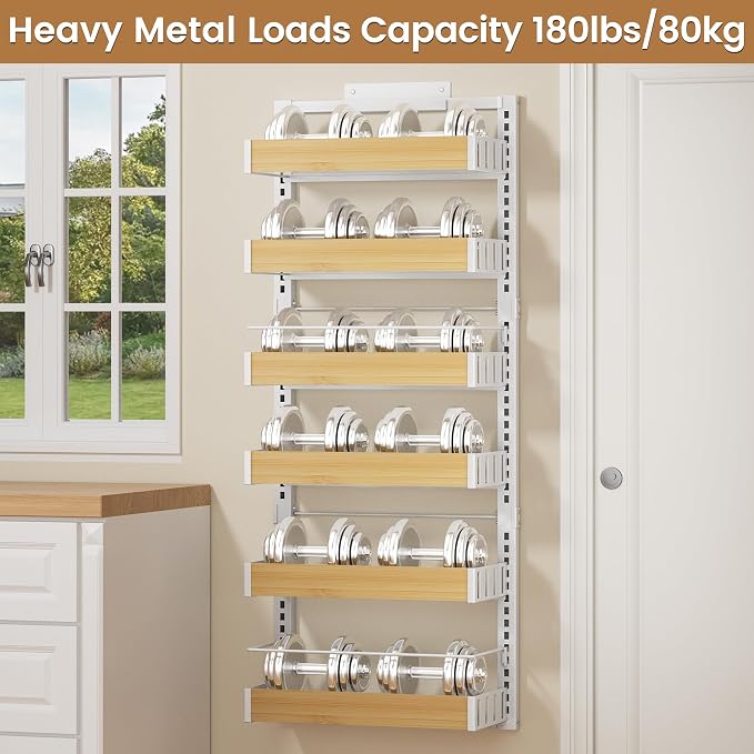 POKIPO 6 Tier Over The Door Pantry Organizer, 2-in-1 Door Hanging or Wall Mounted Spice Rack, Large Heavy Duty Pantry Door Storage Seasoning Shelves with Adjustable Basket for Kitchen Bathroom Closet - Image 8