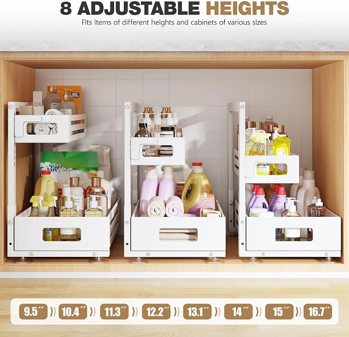 2 Pack 17IN-Depth Under Sink Organizer,Pull Out Cabinet Organizer With Smooth Cylindrical Rail,Metal Slide Out Drawer for Kitchen Bathroom Laundry,8-Level Tool Free Height Adjustable-White - Image 9