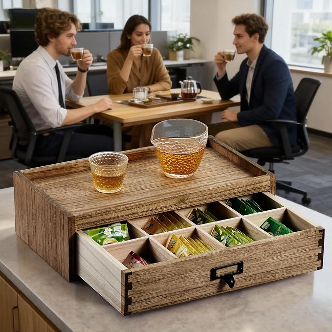 KIRIGEN Solid Wood Tea Storage Box, 8 Compartments, Brown CYG-DBR | 8-Section Desk Cabinet Organizer with Metal Handle Stores Tea Bags, Sachets, Coffee Packets, Sugar, and Small Tea Accessories - Image 7