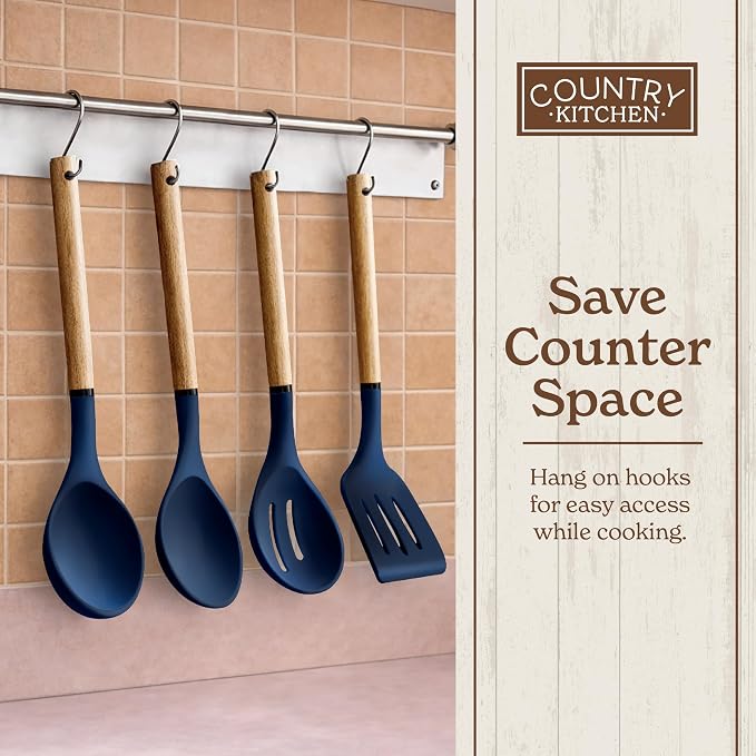 Country Kitchen Non Stick Silicone Utensil Set with Rounded Wood Handles for Cooking and Baking, 8 Piece Set, Navy - Image 8