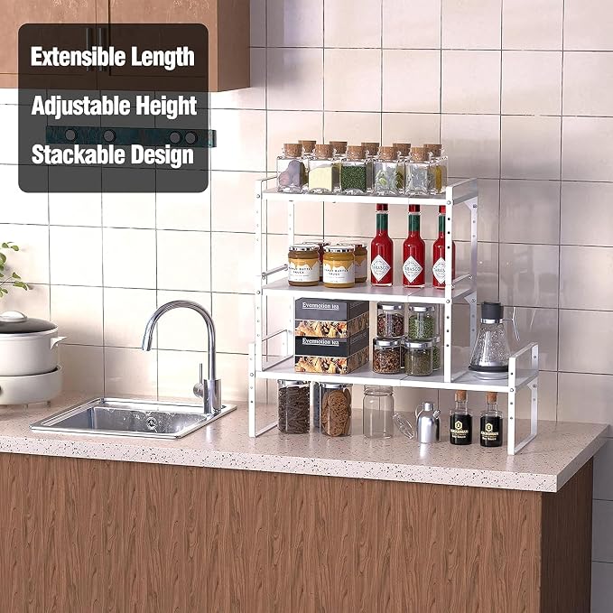 Expandable Kitchen Cabinet Storage Shelf, Stackable Metal Pantry Storage Shelves Organizer, Adjustable Height Counter Spice Rack for Kitchen Cabinet (White - 16.5"-27" L x 10.2" W x 9.6" H - 3Pack) - Image 5
