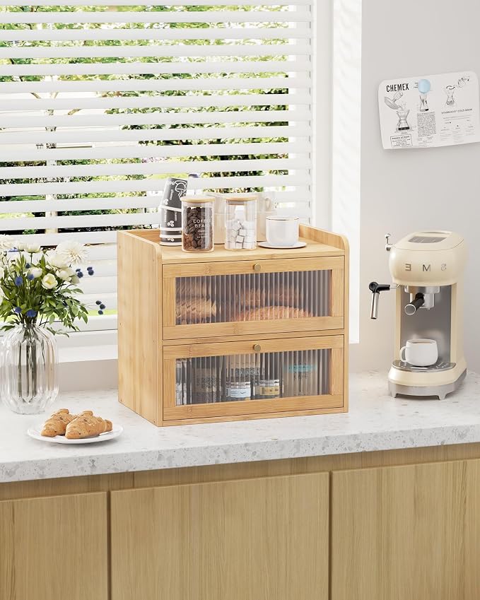 Kitsure Wooden Bread Box for Kitchen Countertop, Large Capacity, Natural | 2-Tier Bamboo Bread Container, Bread Storage Container with Magnetic Acrylic Door, Pantry Organizers and Storage for Loaves - Image 3