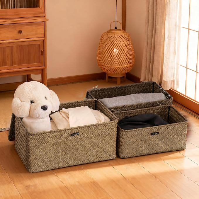 Nonam Seagrass Storage Baskets with Lid Set of 3,Wicker Basket Storage Bin for Shelves,Rectangular,Boho Decor,Handwoven Shelf Basket for Organizing-Storage Container Box for Home Organization-Coffee - Image 8