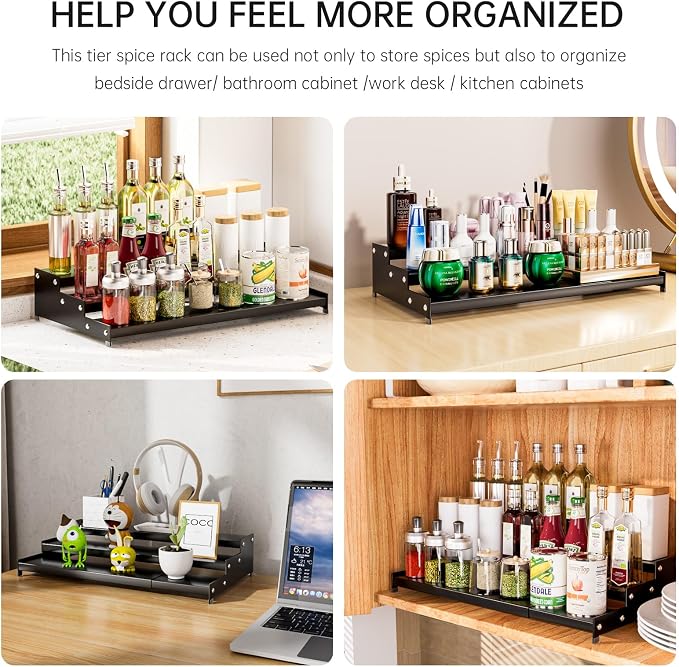 Expandable Carbon Steel Spice Rack Organizer for Pantry, Adjustable 3-Tier Ladder Shelf,Holds Up to 24 Cans,Kitchen Countertop Organizer, Rustproof Storage Rack for Spices, Cans, Sauces & Dry Goods - Image 9