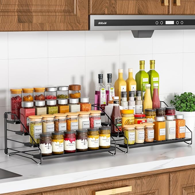 2 Pack Spice Rack Organizer for Cabinet, Depth Adjustable 4 Tier Spice Rack | Black, Metal Spice Organization for Cabinet, Easy Visibility, Tiered Spice Rack Perfect for Cabinet, Pantry and Countertop - Image 9