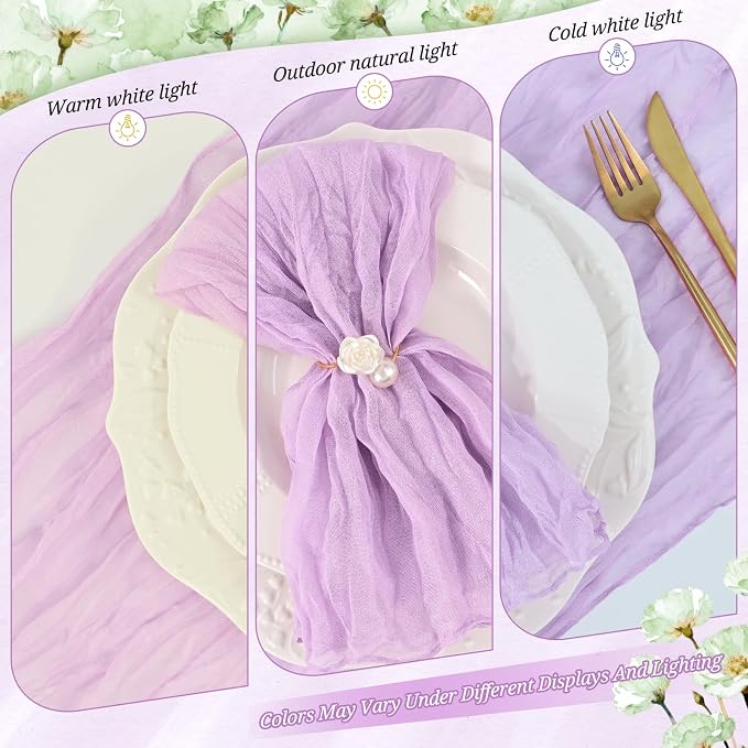 100 Pack Lilac Purple Cheesecloth Napkins 20"x20" Boho Washable Cloth Napkins Set of 100 Wrinkled Cheese Cloth Napkins Gauze Dinner Table Napkin for Wedding Party Baby Shower Birthday Decor - Image 7