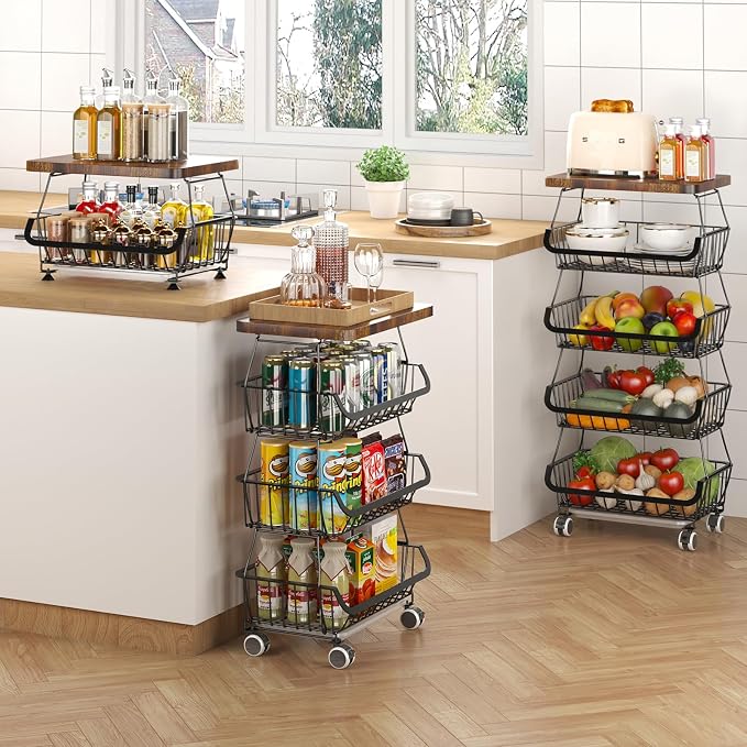 CHLORYARD Fruit Basket with Wooden Lid for Kitchen, 5-Tier Stackable Wire Fruit Vegetable Storage Basket Organizer Stand on Wheel, Produce Basket Potato Onion Storage Bins Rack Cart for Pantry - Image 7