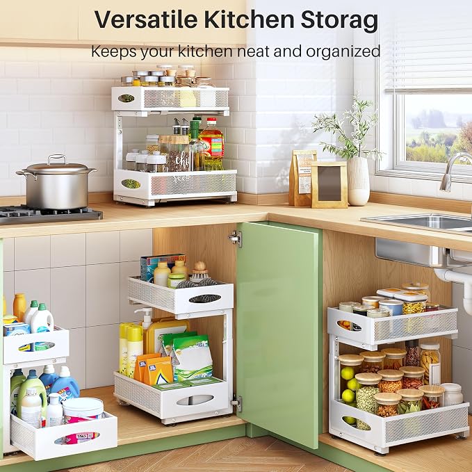 Under Sink Organizer, 2 Pack 2 Tier Pull out Cabinet Organizer Baskets with Mesh Sliding Drawers, Slide out Sink Storage Shelves for Kitchen, Bathroom, Pantry, Cabinet Organizers and Storage(White) - Image 9