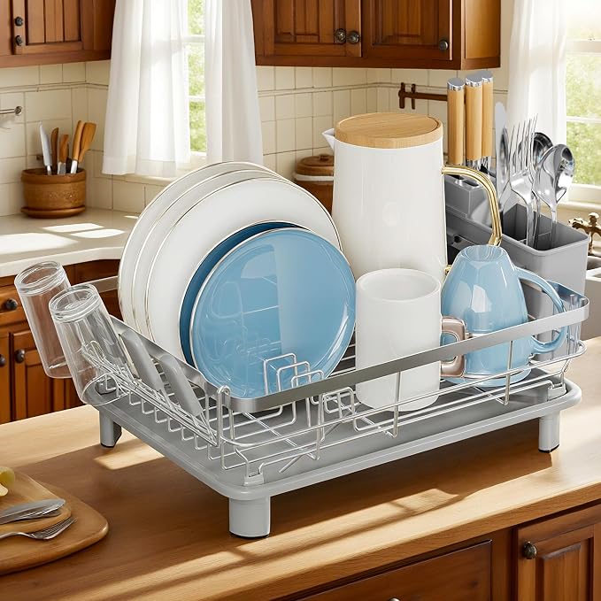 MOUKABAL Stainless Steel Dish Drying Rack for Kitchen Counter, Grey Silver | 13×17 Large Capacity/Drainboard with Rotating Spout/Removable Cup & Utensil Holders/Fast Drainage/Countertop Dish Drainer - Image 8