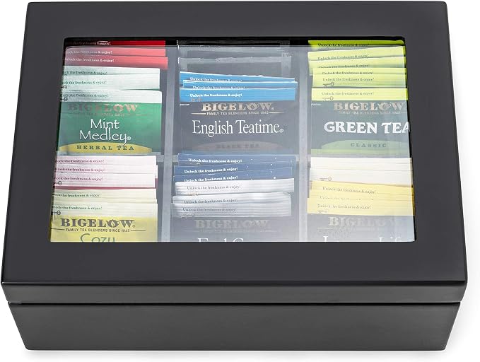 Break Tradition Wooden Tea Organizer For Tea Bags - 6 Compartments, Clear Top Window, Lid Stays Open (Black) - Image 9