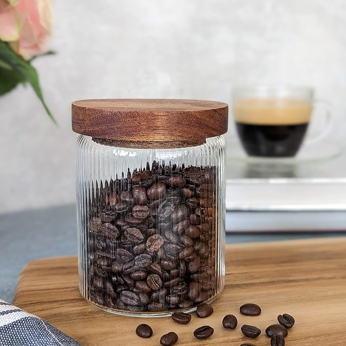 Mason & Fable Ribbed Glass Jar with Wooden Lid 17oz, Set of 3 | Airtight Fluted Storage Canisters for Food, Tea, Coffee, Candy/Spice | Organization Canisters for Home & Kitchen - Image 9