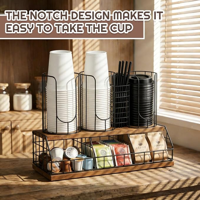 18oz Adjustable Coffee Cup Dispenser with Wooden Base, Cup and Lid Holder, Cups Holder Organizer for Coffee Pod Straw and Lid Storage(4-compartment Double,Color 1) - Image 6