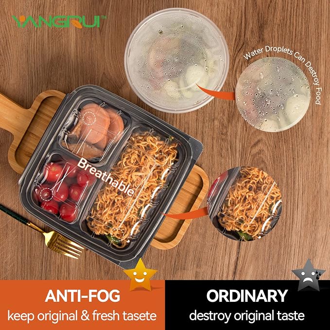 YANGRUI 25 Pack 34oz 8" 3-Compartment Togo Container Shrink-Wrapped No Wash | Ready to Use Anti-Fog Lid | Leakproof BPA-Free PP | Microwave & Freezer Safe for Cold Brew Salad, Hotel Catering & Meal Prep - Image 7