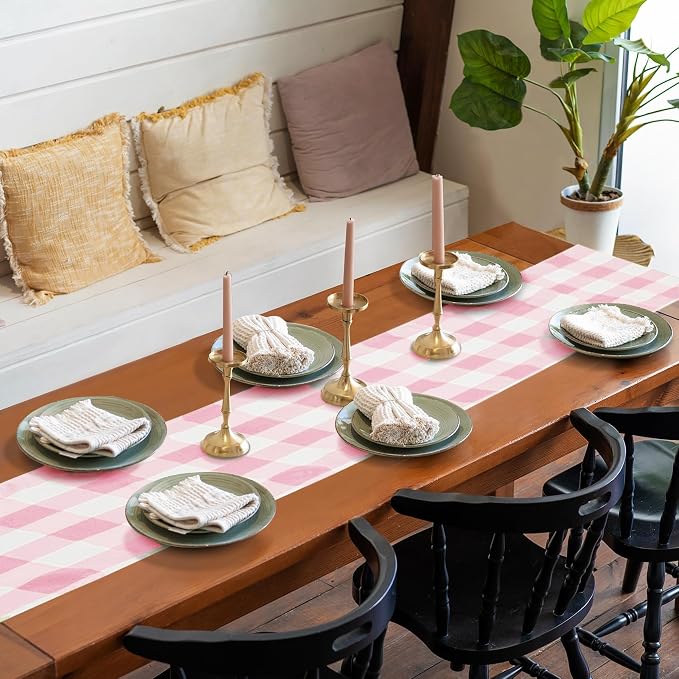 Cupuamon Fabric Checkered Table Runner 1 Pack Waterproof Gingham Table Runner 14W x 108L Buffalo Check Table Runners for Parties Kitchen Dining Wedding Banquet (Pink and White) - Image 7