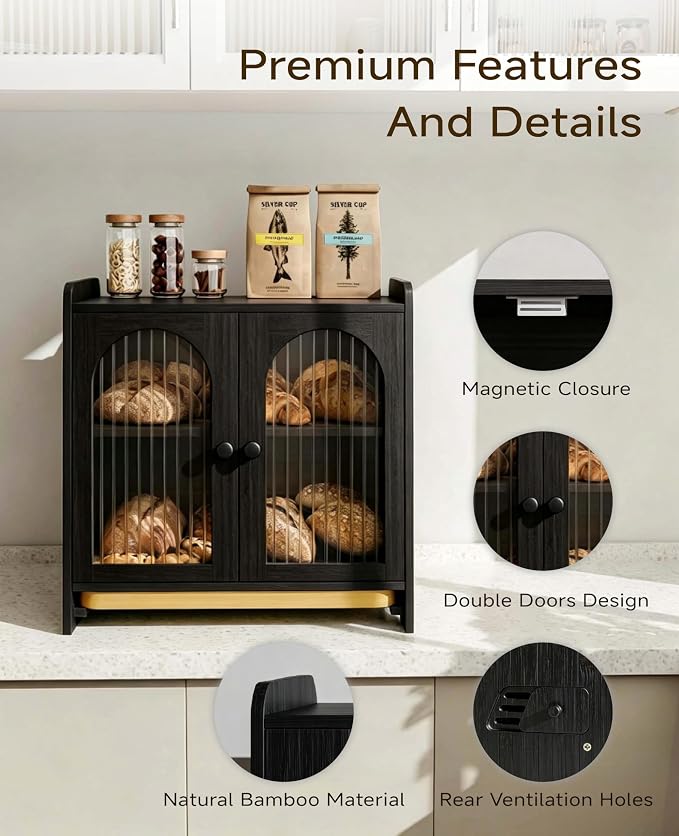 Bread Box for Kitchen Countertop, Large Double Layer Wooden Bread Storage Container with Acrylic Window, Adjustable Air Vents & Built-In Cutting Board, Pantry Organizer, Black - Image 7