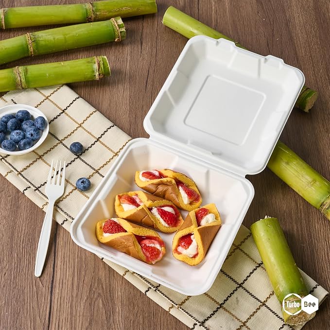 Turbo Bee 100 Pack 8x8inch White Compostable Take Out Containers with Lids, Disposable Clamshell Food Containers, Large To Go Boxes for Restaurant, Catering, Meal Prep & Food Service-White - Image 8