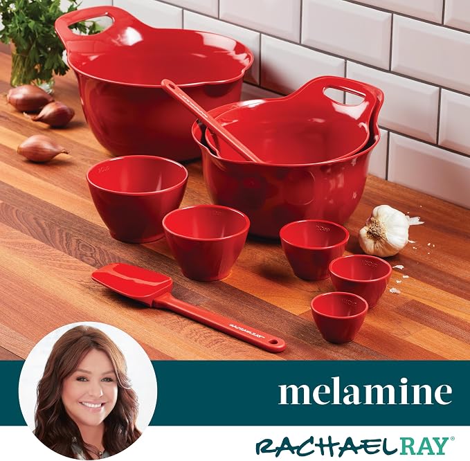 Rachael Ray Pantryware Nesting Mixing Bowls with Built-in spouts and Handles and Measuring Cups For Space-saving storage, Utensil Set, Dishwasher Safe, 10 Piece, Red - Image 8