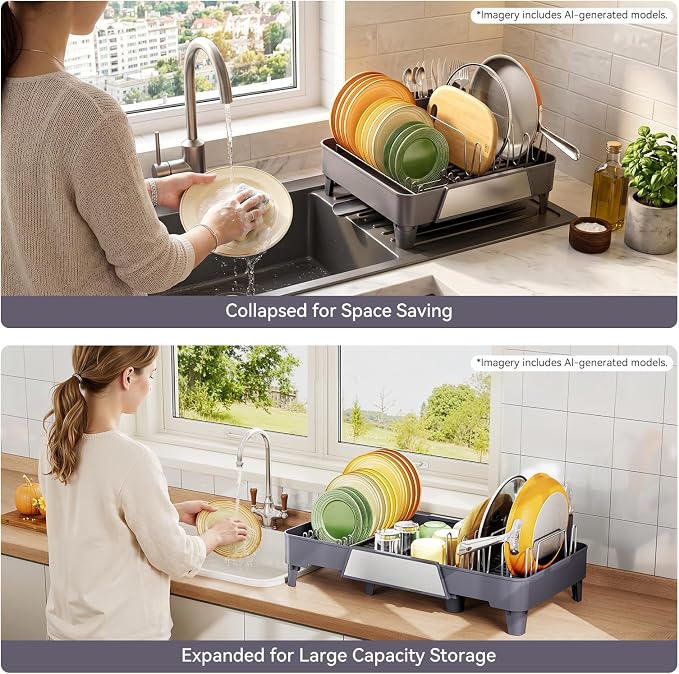 Urackify Large Dish Drying Rack, Expandable Dish Drainer, Gray | Extendable 16.3" to 23.6" L, with Drainboard & Utensil Holder, Anti-Rust, Fits Any Sink, High capacity, Easy to Install - Image 9