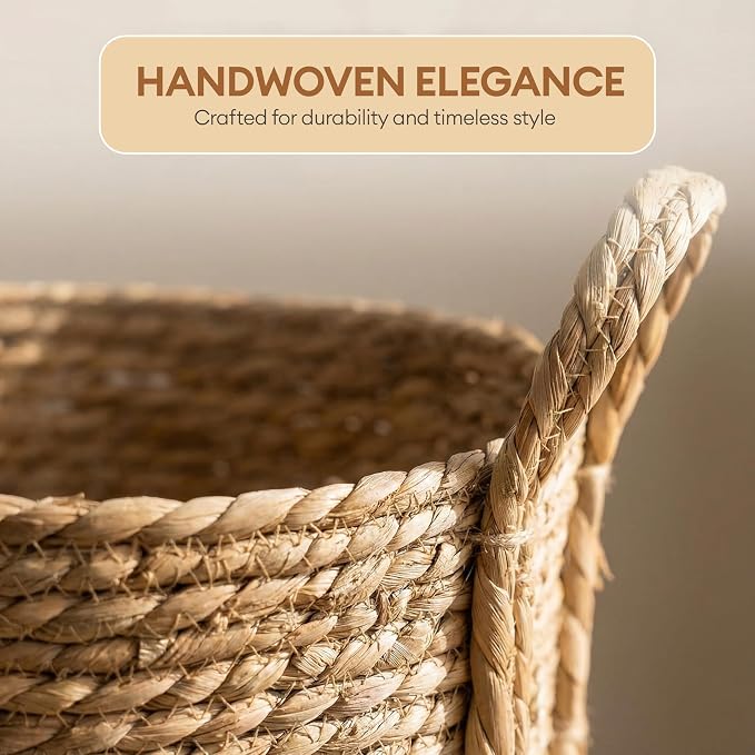 Decorative Wicker Basket for Blankets, Round Woven Storage Bin 13" x 9.25" with Braided Handles for Living Room, Bedroom & Bathroom - Throw Blanket Basket for Towels, Toys, Pillows - Vintiquewise - Image 7
