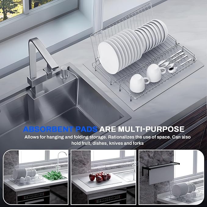 Small Dish Drying Rack Stainless Steel Collapsible | Foldable Rack Countertop with Drying Mat for Kitchen Dorm RV Campers Travel Trailer Space Saving - Image 8