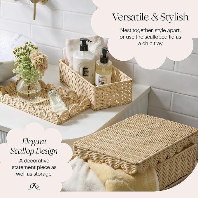 BEBE BASK Stackable Decorative Storage Boxes with Lid, Set of 2-14×8×4 in | Handwoven, Scalloped Wicker Basket for Home Decor, Baby Keepsake Box & Memory Box for Keepsakes for Nursery - Image 9