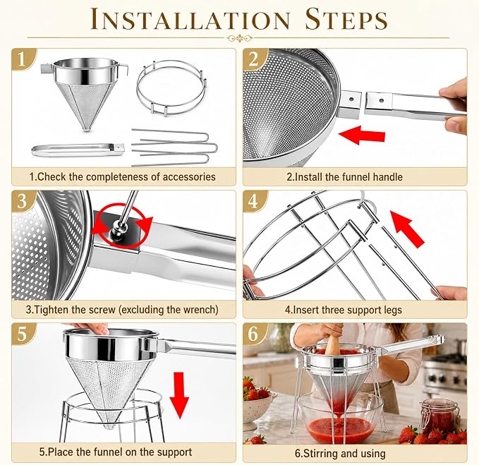 Chinois Strainer Set with Stand & Pestle, China Cap Strainer for Sauces | Stainless Steel Fine Mesh Cone Sieve for Soups, Stocks, Tomato Puree and Jam, with Stand and Wooden Pestle Included - Image 8