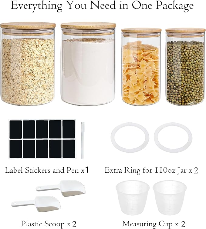 Glass Storage Jars Set Elegant Containers with Airtight Bamboo Lids, Perfect for Kitchen Organization - Flour, Rice, Pasta, Sugar, Coffee Beans (2 packs(37oz) / 2 packs(111oz)) - Image 8
