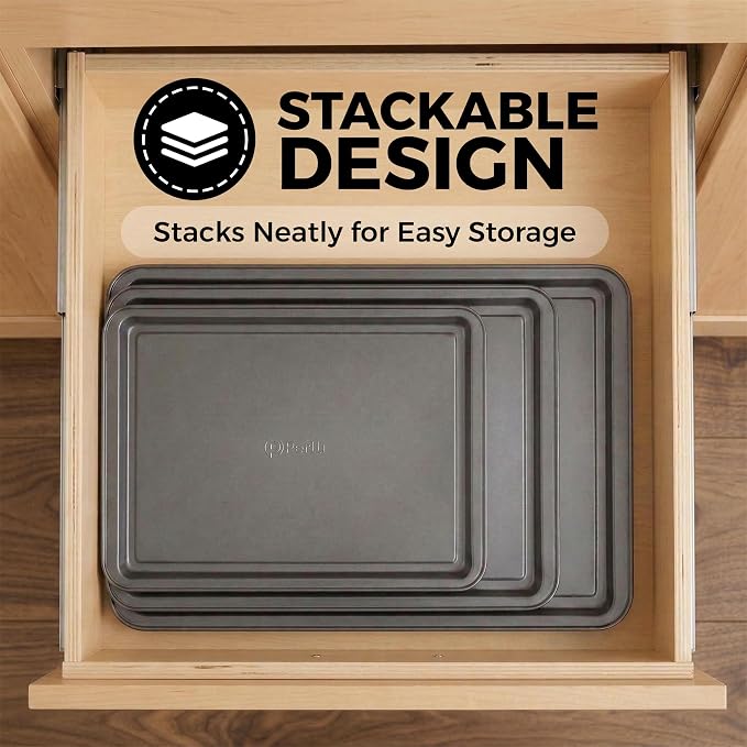 Non-Stick 3-Piece Baking Pan Set – Carbon Steel with Even Heat Distribution, Oven Safe to 446°F, BPA-Free, Dishwasher Safe, Stackable Baking Tools for Easy Storage and Everyday Cooking - Gray - Image 7