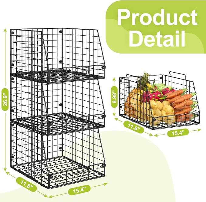 Jakyitvi 3 Pack XXL Stackable Wire Baskets, Large Storage Bins for Onion, Potato, Vegetable, Fruit, Snack, Pantry Baskets for Kitchen Cabinet Countertop, Pantry Organizers and Storage Solutions - Image 7