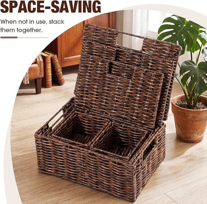 Yookeer 5 Pcs Woven Plastic Rattan Storage Baskets with Lid and Handles, Brown Large Storage Organizer with Labels, Stackable Rectangular Boho Decorative Baskets for Toys Shelves Bedroom - Image 6