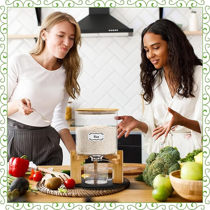 Glass Rice Dispenser 10 lbs, with Airtight Lid & Labels & Slider mat. Make your glass rice container Glass AND Bamboo rice container! Best 5L capacity grain dispenser and rice holder - Image 6