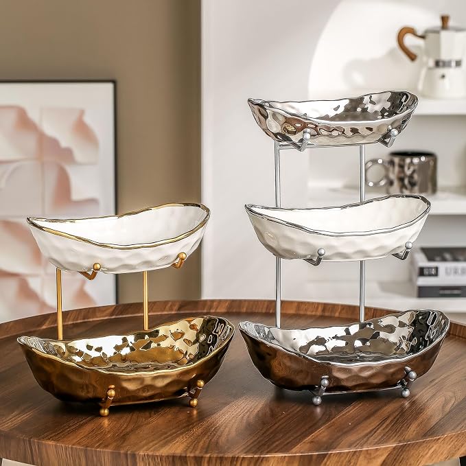 2-Tier Fruit Bowls for Kitchen Counter,Ceramic Bowl with Gold Metal Stand,2 Tier Fruit Basket for Fruit,Snack,Cake,Nuts,Dessert Space Saving Storage - Image 6