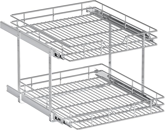 2-Tier Pull Out Cabinet Organizer, 19.5" W x 21.5" D, Heavy Duty Dual Slide Out Shelves for Base Cabinets, Chrome Wire Basket Drawer for Pantry, Kitchen & Bathroom Storage - Image 9