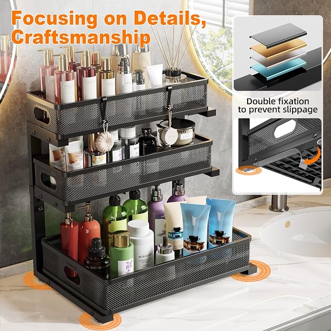 3 Tier Under Sink Organizer,Black Metal Pull Out Kitchen Cabinet Organizers, Slide Out Under Sink Storage Drawers, Undersink Organizer,Bathroom Counter Shelf, Pantry Organization and Storage (2 Pack) - Image 9